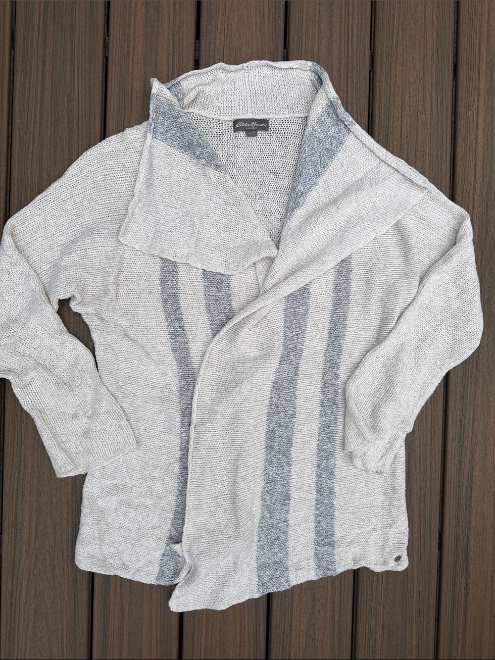 Eddie Bauer Light Gray Open Cardigan with Dark Gray Stripes